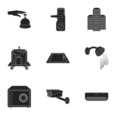 Otel simgeler siyah tarzında ayarlayın. Otel vektör simge stok çizim büyük toplama