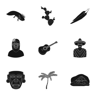 Meksika ülke simgeler siyah tarzında ayarlayın. Meksika ülke vektör simge stok çizim büyük toplama