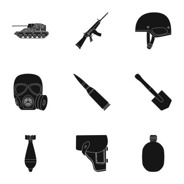 Askeri ve ordu simgeler siyah tarzında ayarlayın. Askeri büyük toplama ve ordu sembol stok illüstrasyon vektör