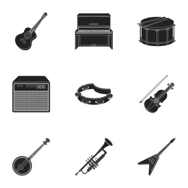 Müzik aletleri simgeler siyah tarzında ayarlayın. Büyük müzik aletleri koleksiyonu sembol stok illüstrasyon vektör