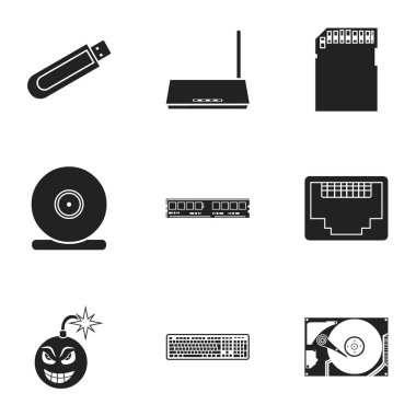 Kişisel bilgisayar simgeler siyah tarzında ayarlayın. Kişisel bilgisayar vektör simge stok çizim büyük toplama