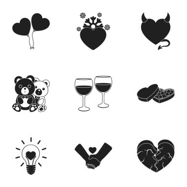 Romantik siyah tarzında Icons set. Romantik vektör simge stok çizim büyük toplama