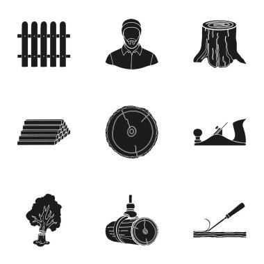 Sawmil ve kereste simgeler siyah tarzında ayarlayın. Kereste ve ahşap vektör simge stok illüstrasyon büyük toplama