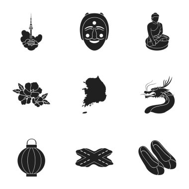 Güney Kore simgeler siyah tarzında ayarlayın. Güney Kore vektör simge stok çizim büyük toplama