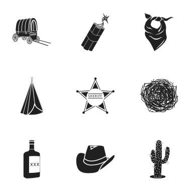 Vahşi Batı simgeler siyah tarzında ayarlayın. Vahşi Batı vektör simge stok çizim büyük toplama