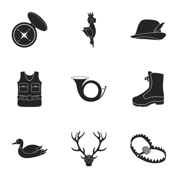 Jagd setzte Ikonen im schwarzen Stil. Große Sammlung von Jagdvektorsymbolen — Stockvektor