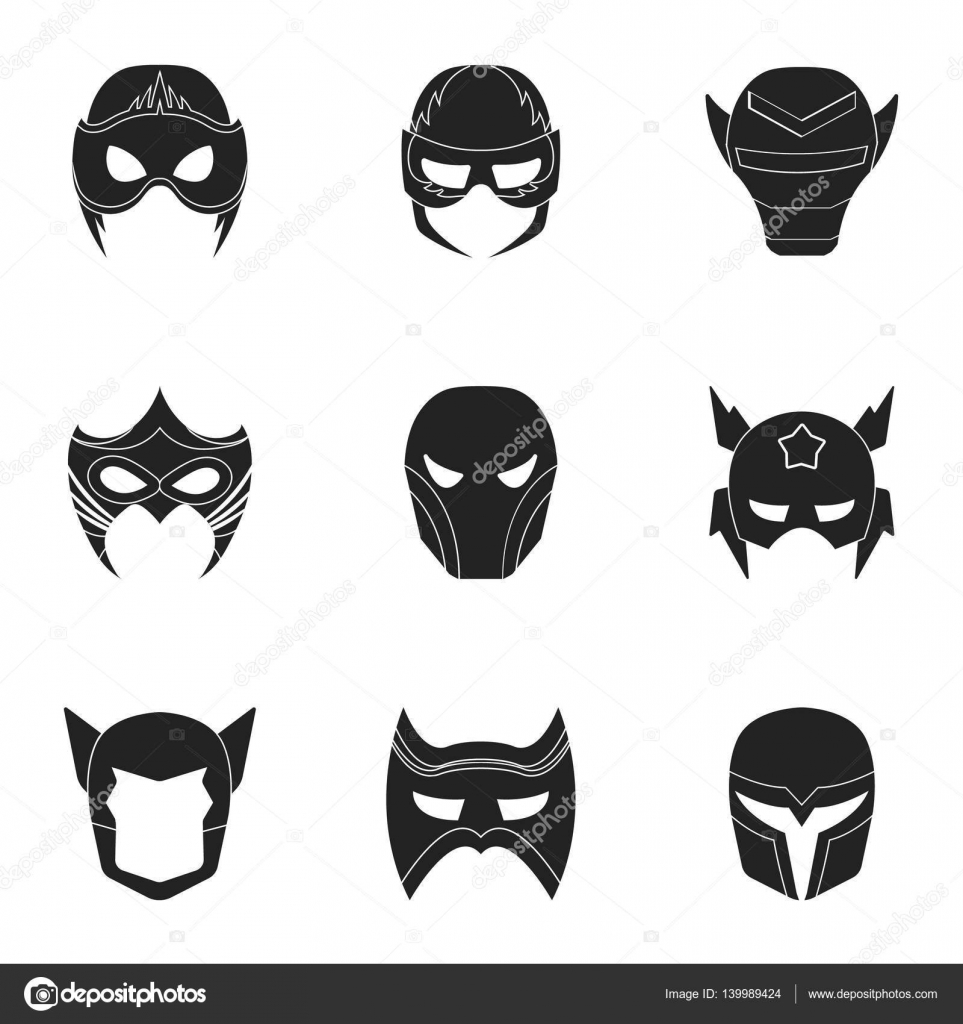 Superhero mask set icons in black style. Big collection of ...