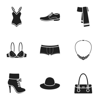 Giysileri siyah tarzında Icons set. Giysi büyük koleksiyonu sembol stok illüstrasyon vektör
