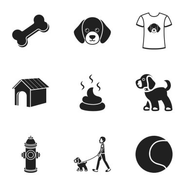 Köpek ekipman simgeler siyah tarzında ayarlayın. Büyük koleksiyon köpek ekipman vektör simge stok çizim