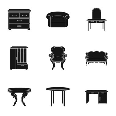 Mobilya ve ev iç simge siyah stil ayarlayın. Mobilya ve ev iç vektör simge stok illüstrasyon büyük toplama