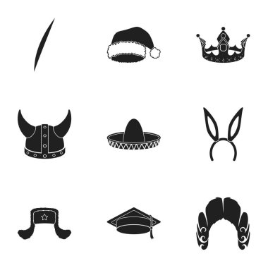 Şapka siyah tarzında Icons set. Büyük şapka koleksiyonu sembol stok illüstrasyon vektör