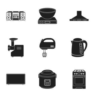 Ev aletleri simgeler siyah tarzında ayarlayın. Büyük ev aletleri koleksiyonu sembol stok illüstrasyon vektör