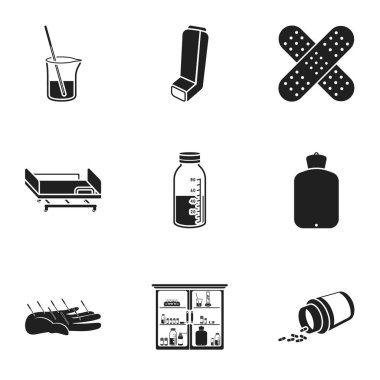 İlaç ve hastane simgeler siyah tarzında ayarlayın. İlaç ve hastane vektör simge stok illüstrasyon büyük toplama