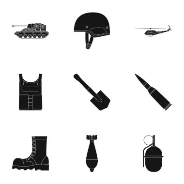 Askeri ve ordu simgeler siyah tarzında ayarlayın. Askeri büyük toplama ve ordu sembol stok illüstrasyon vektör