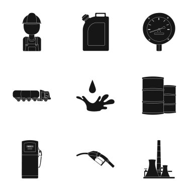 Petrol sanayi siyah tarzında Icons set. Petrol sanayi vektör simge stok çizim büyük toplama