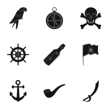 Korsanlar Siyah tarzında Icons set. Korsanlar büyük toplama sembol stok illüstrasyon vektör