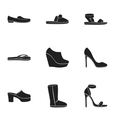 Ayakkabı Siyah tarzında Icons set. Büyük koleksiyonu ayakkabı sembol stok illüstrasyon vektör