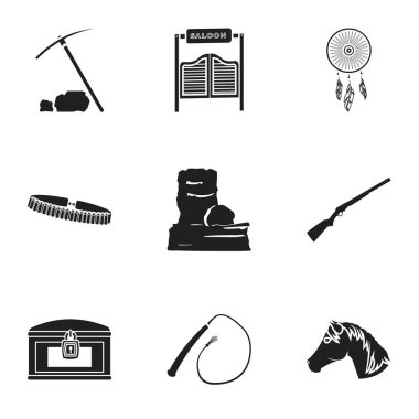 Vahşi Batı simgeler siyah tarzında ayarlayın. Vahşi Batı vektör simge stok çizim büyük toplama