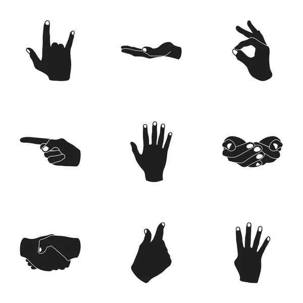 Gestos de mão definir ícones em estilo preto. Grande coleção de gestos de mão símbolo vetorial ilustração de estoque — Vetor de Stock