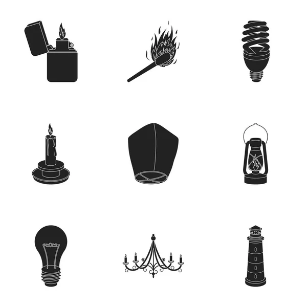 Źródło światła ustawić ikony w stylu czarnego. Duża kolekcja źródła światła wektor symbol ilustracji — Wektor stockowy