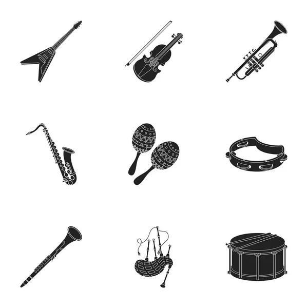 Los instrumentos musicales establecen iconos en estilo negro. Gran colección de instrumentos musicales vector símbolo stock ilustración — Vector de stock