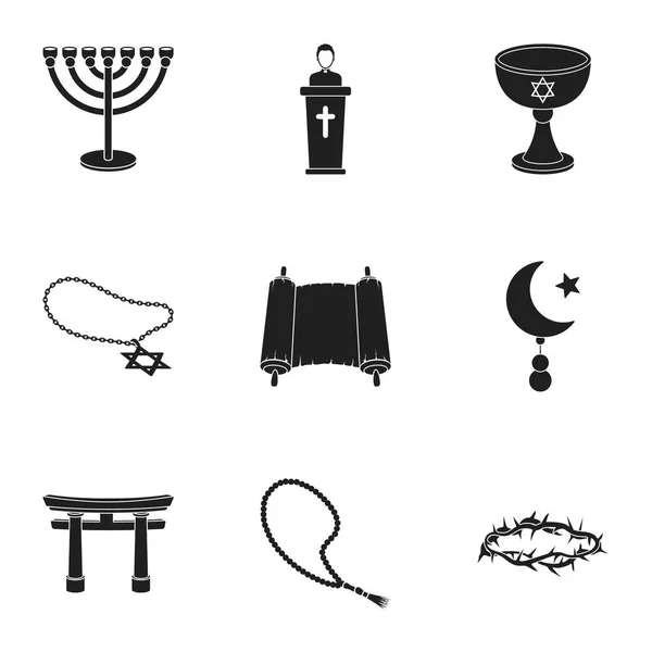 Vallás készlet ikonok-ban fekete stílus. Nagy gyűjteménye vallás vektor szimbólum stock illusztráció — Stock Vector