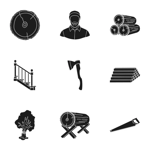 Sawmil e madeira definir ícones em estilo preto. Grande coleção de serraria e madeira vetor símbolo estoque ilustração — Vetor de Stock
