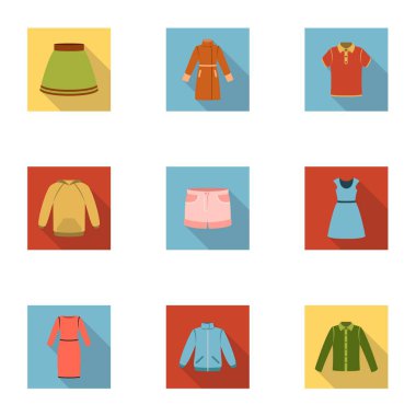 Giysi içinde düz stil Icons set. Giysi büyük koleksiyonu sembol stok illüstrasyon vektör