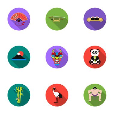 Japonya simgeler düz stil ayarlayın. Japonya vektör simge stok çizim büyük toplama