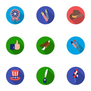 Vatansever gün içinde düz stil Icons set. Vatansever gün vektör simge stok çizim büyük toplama