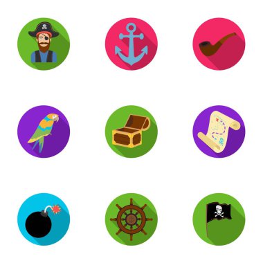 Korsanlar simgeler düz stil ayarlayın. Korsanlar büyük toplama sembol stok illüstrasyon vektör