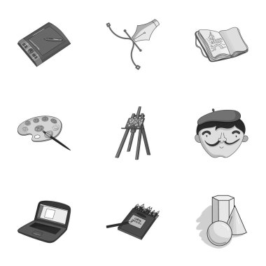 Sanatçı ve çizim set simgeleri tek renkli tarzı. Sanatçı ve vektör simge stok çizim çizim büyük koleksiyonu