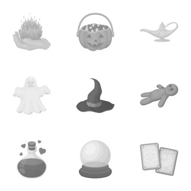 Siyah ve beyaz büyü, tek renkli bir tarzda Icons set. Siyah ve beyaz sihirli vektör simge stok çizim büyük toplama