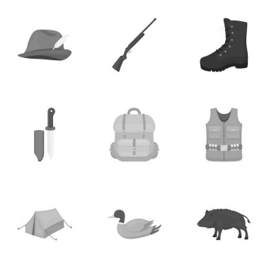 Avcılık, tek renkli bir tarzda Icons set. Vektör simge stok illüstrasyon avcılık big toplama