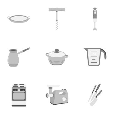 Mutfak set simgeleri tek renkli bir tarzda. Mutfak vektör simge stok çizim büyük toplama