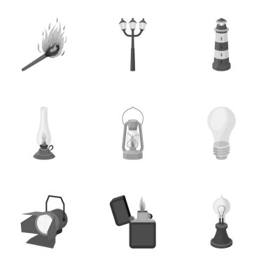 Işık kaynağı simgeleri tek renkli bir tarzda ayarlayın. Işık kaynağının vektör simge stok çizim büyük toplama