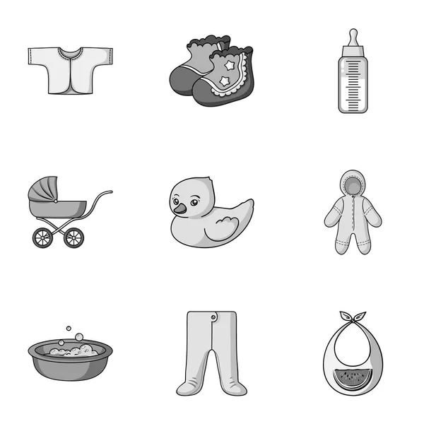 Baby geboren pictogrammen instellen in zwart-wit stijl. Grote verzameling van baby geboren vector symbool stock illustratie — Stockvector