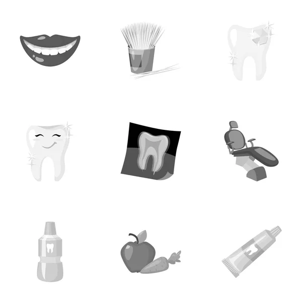 Стоматологический набор икон в монохромном стиле. Большая коллекция векторных иллюстраций по уходу за зубами — стоковый вектор