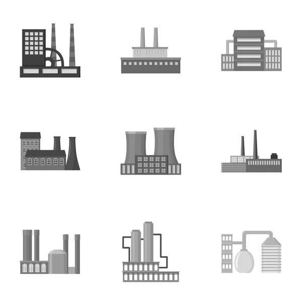 Fabriek stel pictogrammen in zwart-wit stijl. Grote verzameling van fabriek vector symbool stock illustratie — Stockvector