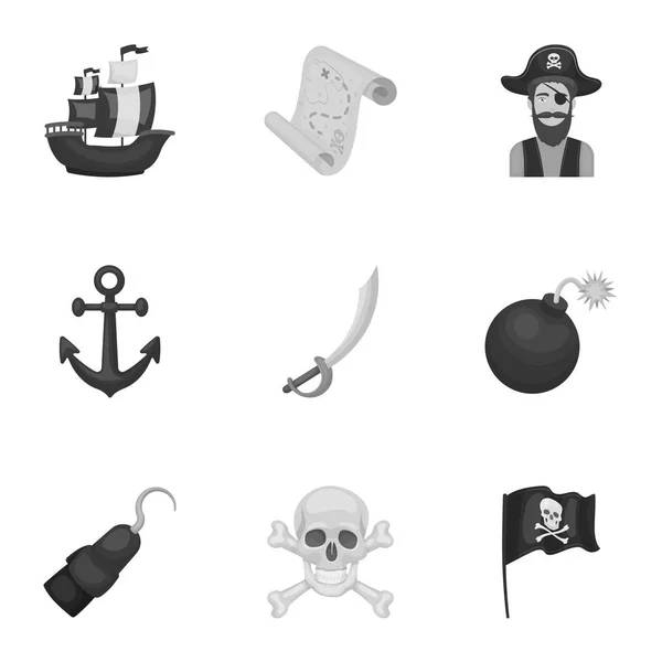 Pirates set icons in monochrome style. Big collection of pirates vector symbol stock illustration — Stock Vector