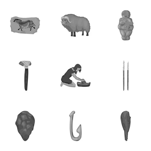 Edad de piedra establecer iconos en estilo monocromo. Gran colección de la edad de piedra vector símbolo stock ilustración — Vector de stock