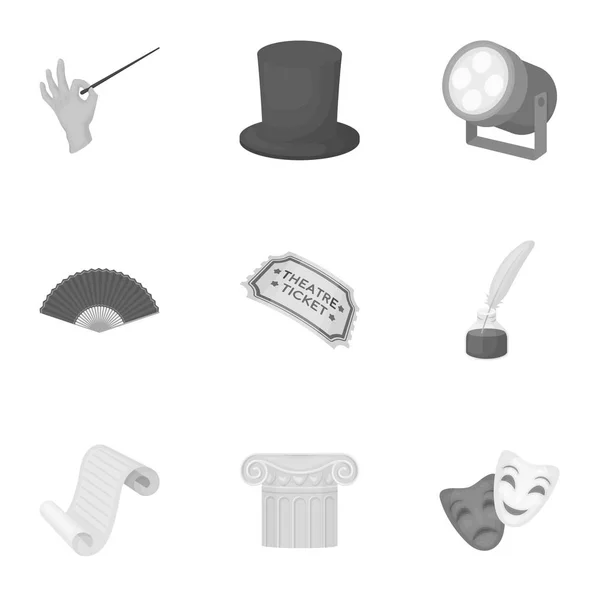 Theater stel pictogrammen in zwart-wit stijl. Grote verzameling van theater vector symbool stock illustratie — Stockvector