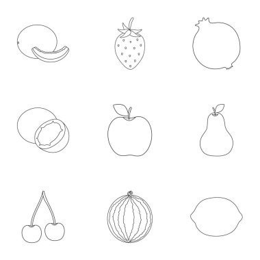 Meyve simgeleri anahat stilinde ayarlayın. Meyvelerin büyük koleksiyonu sembol stok illüstrasyon vektör