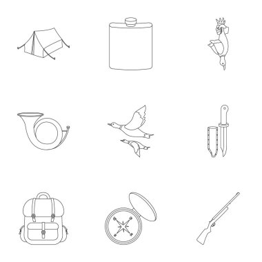 Avcılık simgeleri anahat stilinde ayarlayın. Vektör simge stok illüstrasyon avcılık big toplama