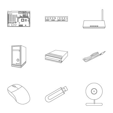 Kişisel bilgisayar simgeleri anahat stilinde ayarlayın. Kişisel bilgisayar vektör simge stok çizim büyük toplama