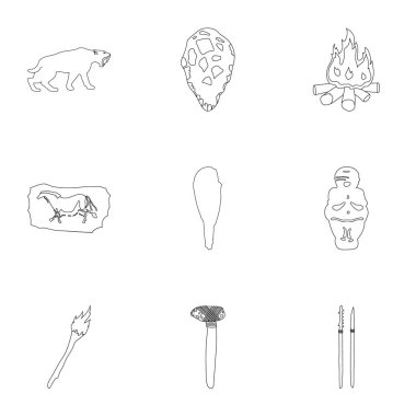 Taş Devri simgeleri anahat stilinde ayarlayın. Taş Devri vektör simge stok çizim büyük toplama