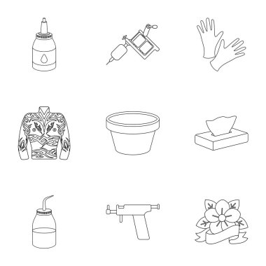 Tattoo studio simgeleri anahat stilinde ayarlayın. Tattoo studio vektör simge stok çizim büyük toplama