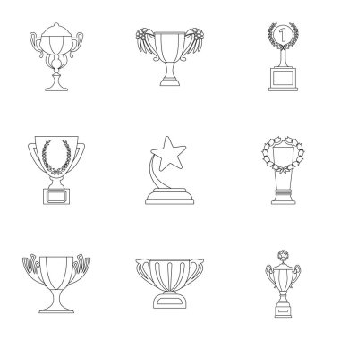 Kazanan Kupası simgeleri anahat stilinde ayarlayın. Kazanan Kupası vektör simge stok çizim büyük toplama