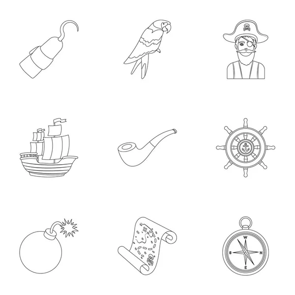 Los piratas establecen iconos en estilo de esquema. Gran colección de piratas vector símbolo stock ilustración — Vector de stock