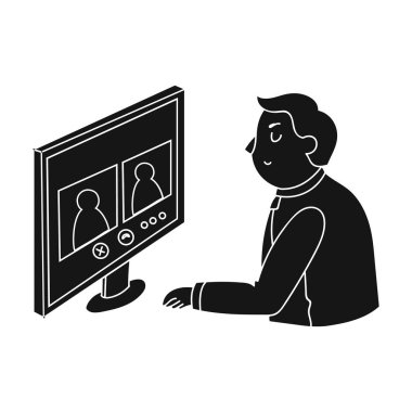 Video konferans simge siyah stil beyaz arka plan üzerinde izole içinde. Konferans ve negetiations sembol stok vektör çizim.